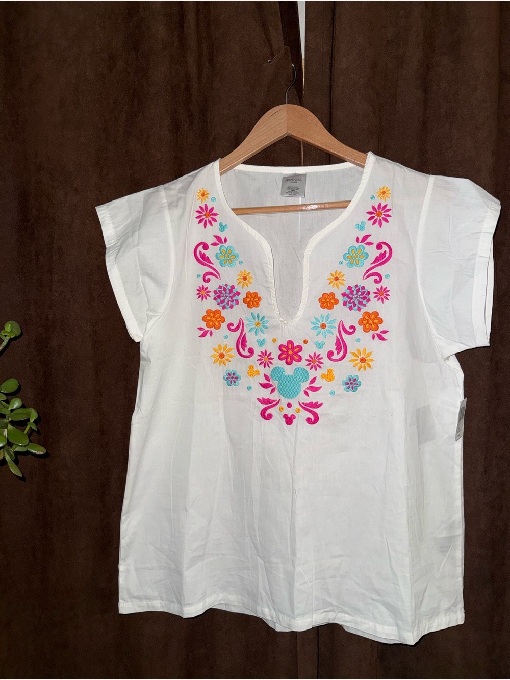 Disney White Embroidered Floral Tunic with Pink & Teal Accents